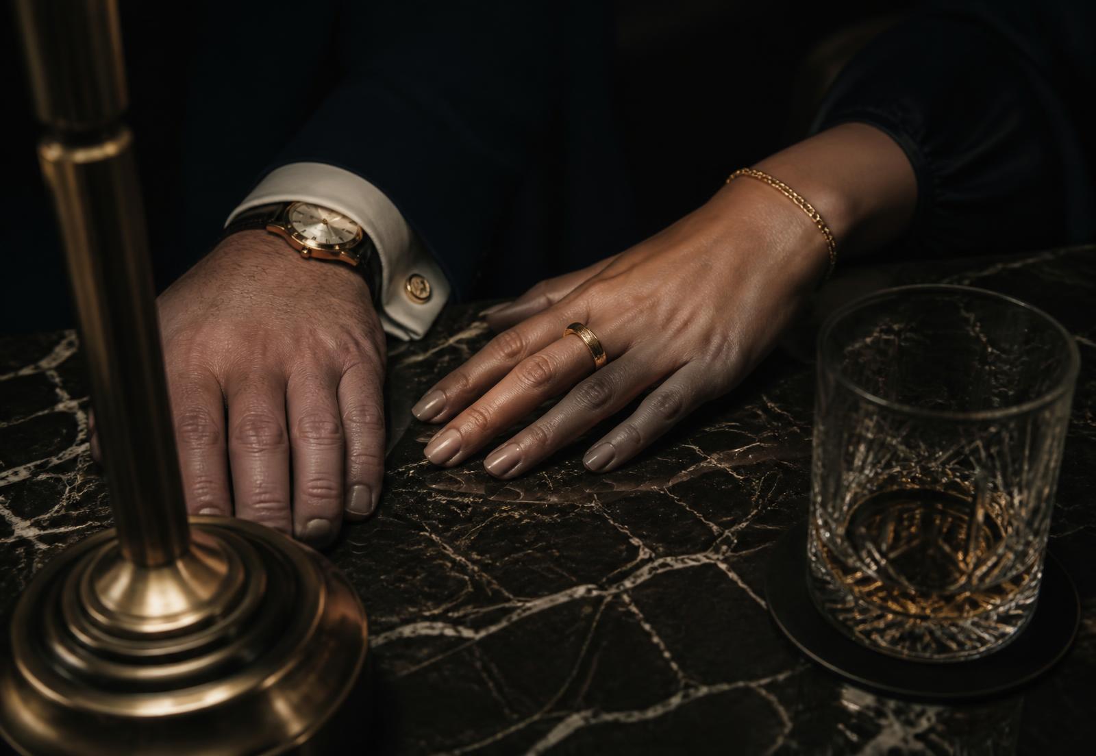 Two hands resting close together on a dark marble table in candlelight